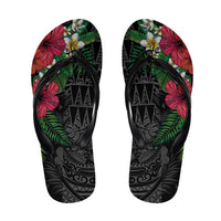Hawaiian Tropical Plants Flip Flops Kakau Tattoo and Polynesian Pattern Half Black Color