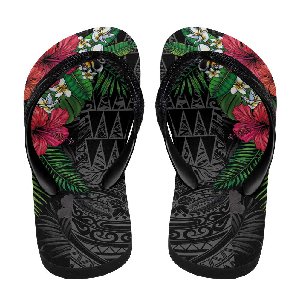 Hawaiian Tropical Plants Flip Flops Kakau Tattoo and Polynesian Pattern Half Black Color