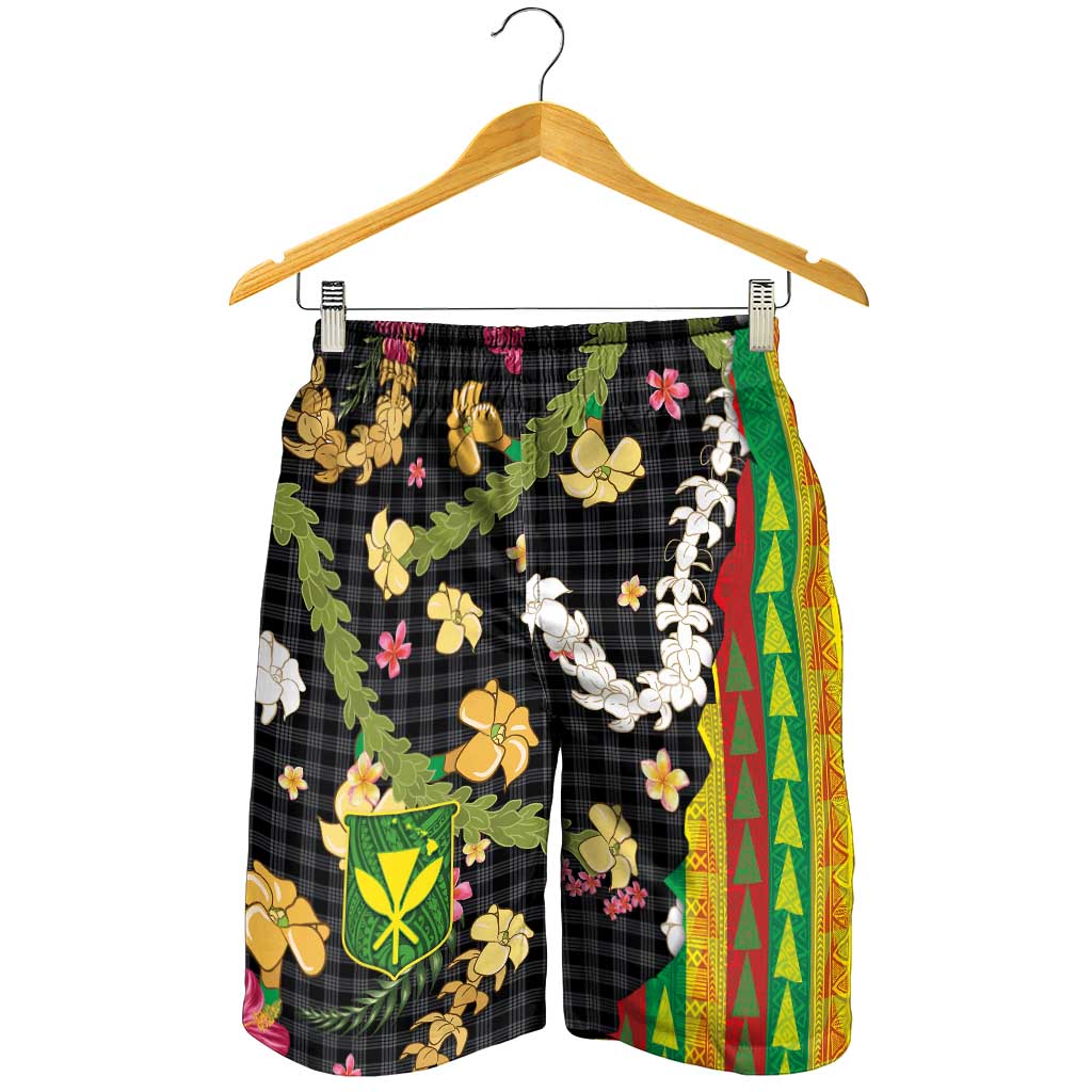 Hawaiian Tropical Plants Lei Shorts for Men with Palaka Pattern and Kanaka Maoli Tribal Motifs LT03 - Polynesian Pride
