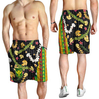 Hawaiian Tropical Plants Lei Shorts for Men with Palaka Pattern and Kanaka Maoli Tribal Motifs LT03 - Polynesian Pride