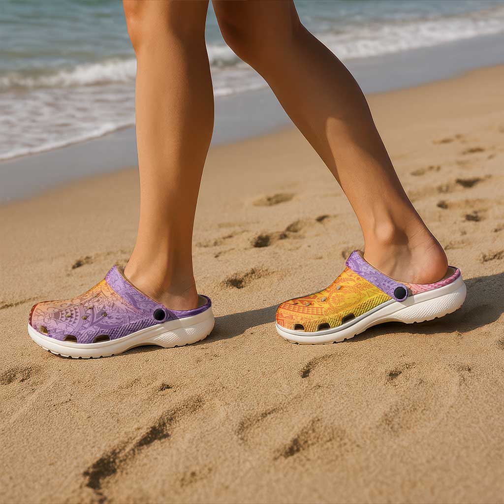 Hawaiian Turtles and Leis Clogs Shoes Tribal Kakau Pattern Magical Rainbow Sky