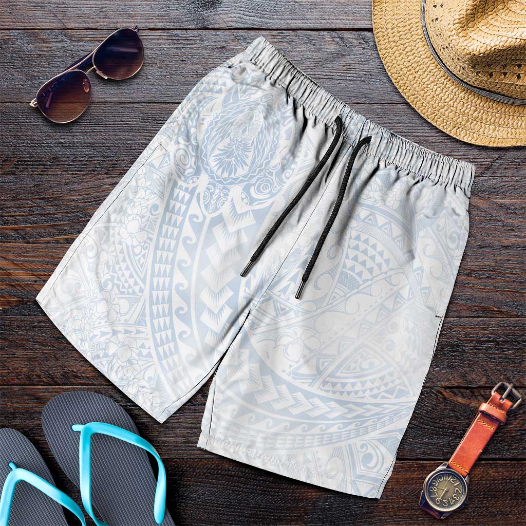 Hawaiian Turtles and Leis Shorts for Men Tribal Kakau Pattern Airy White Blue Cloud Vibe LT03 White - Polynesian Pride