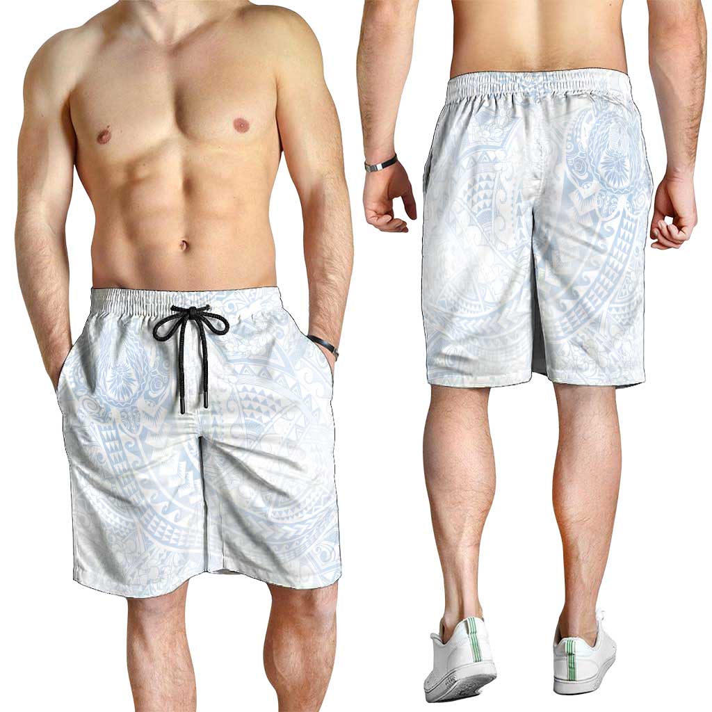 Hawaiian Turtles and Leis Shorts for Men Tribal Kakau Pattern Airy White Blue Cloud Vibe