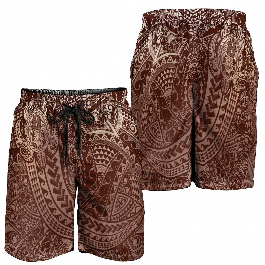Hawaiian Turtles and Leis Shorts for Men Tribal Kakau Pattern Mocha Mousse Color