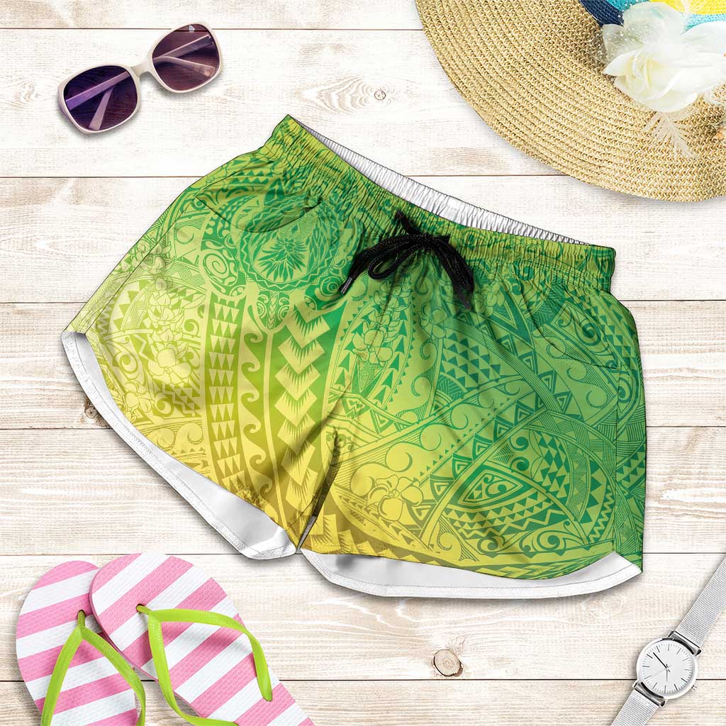 Hawaiian Turtles and Leis Shorts for Women Tribal Kakau Pattern Fresh Summer Vibe