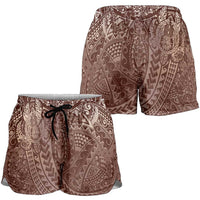 Hawaiian Turtles and Leis Shorts for Women Tribal Kakau Pattern Mocha Mousse Color