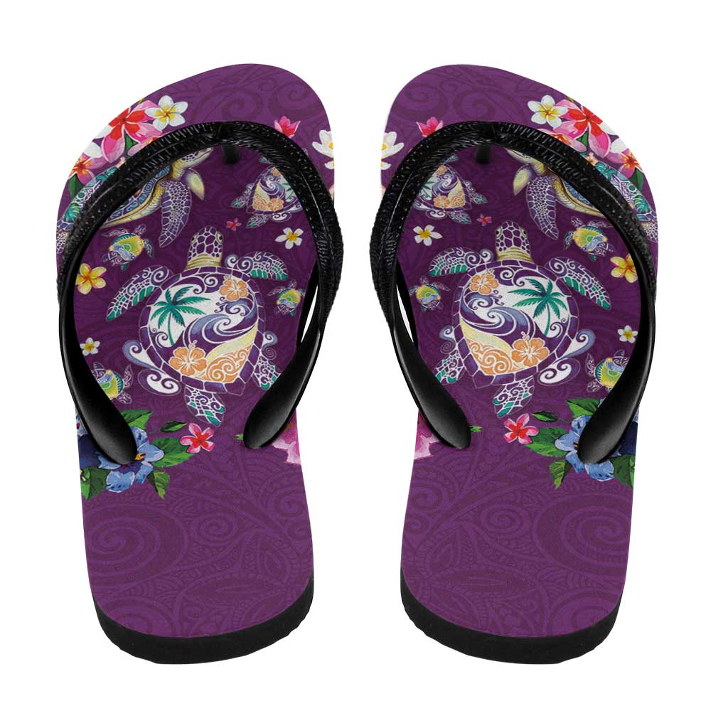 Hawaiian Turtles and Tropical Plants Flip Flops Purple Watercolor