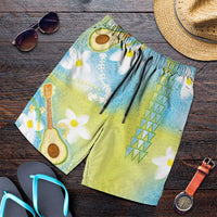 Hawaiian Ukulele Avocado Shorts for Men Leis and Polynesian Pattern LT03 White - Polynesian Pride