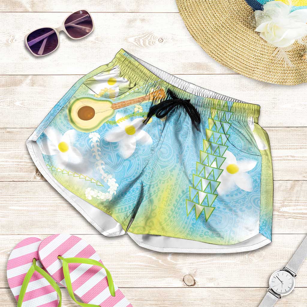 Hawaiian Ukulele Avocado Shorts for Women Leis and Polynesian Pattern LT03 White - Polynesian Pride