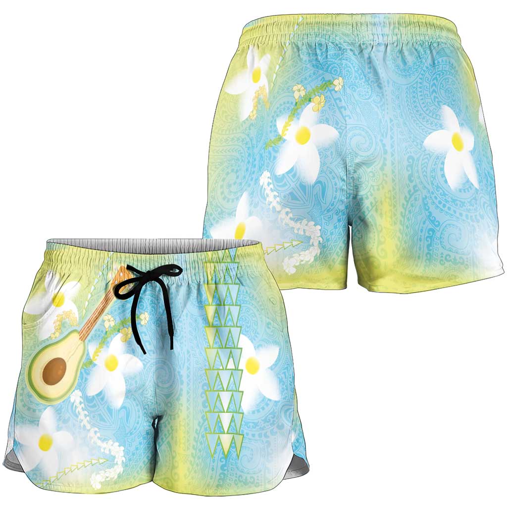 Hawaiian Ukulele Avocado Shorts for Women Leis and Polynesian Pattern LT03 - Polynesian Pride