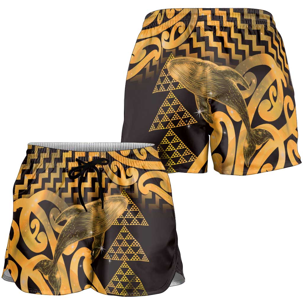 Humpback Whale Matariki New Zealand Shorts for Women NZ Maori Paikea Poutama Luxury Gold LT14 - Polynesian Pride