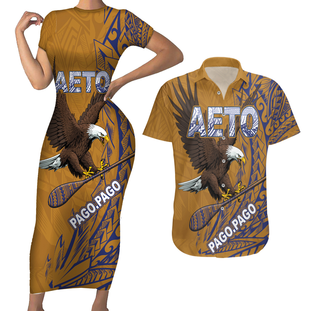 American Samoa Couples Matching Short Sleeve Bodycon Dress and Hawaiian Shirt AETO Pago Pago Wings Style LT03 - Polynesian Pride