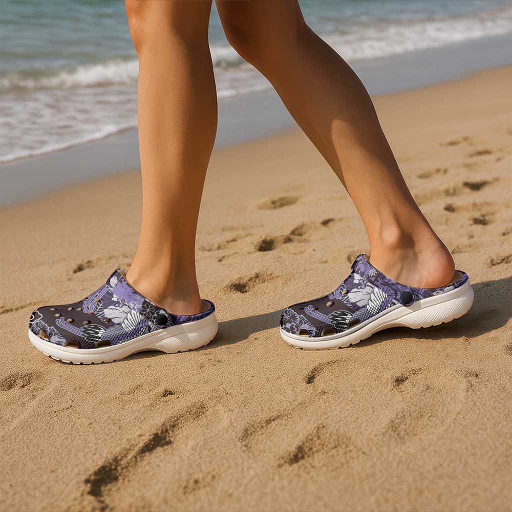 Japanese Hawaiian Crane Clogs Shoes Purple Tapa Patchwork Pattern