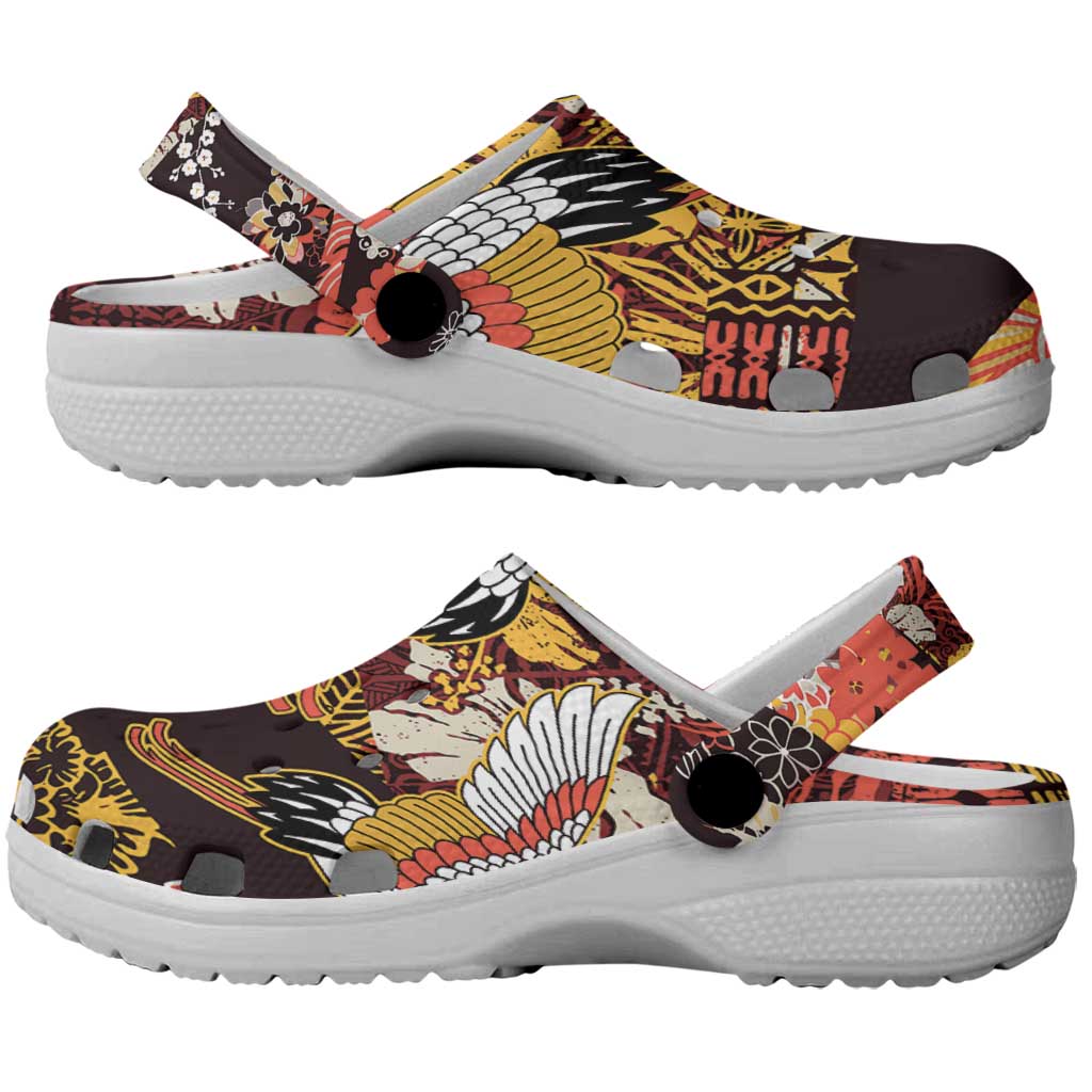 Japanese Hawaiian Crane Clogs Shoes Yellow Ochre Tapa Patchwork Pattern