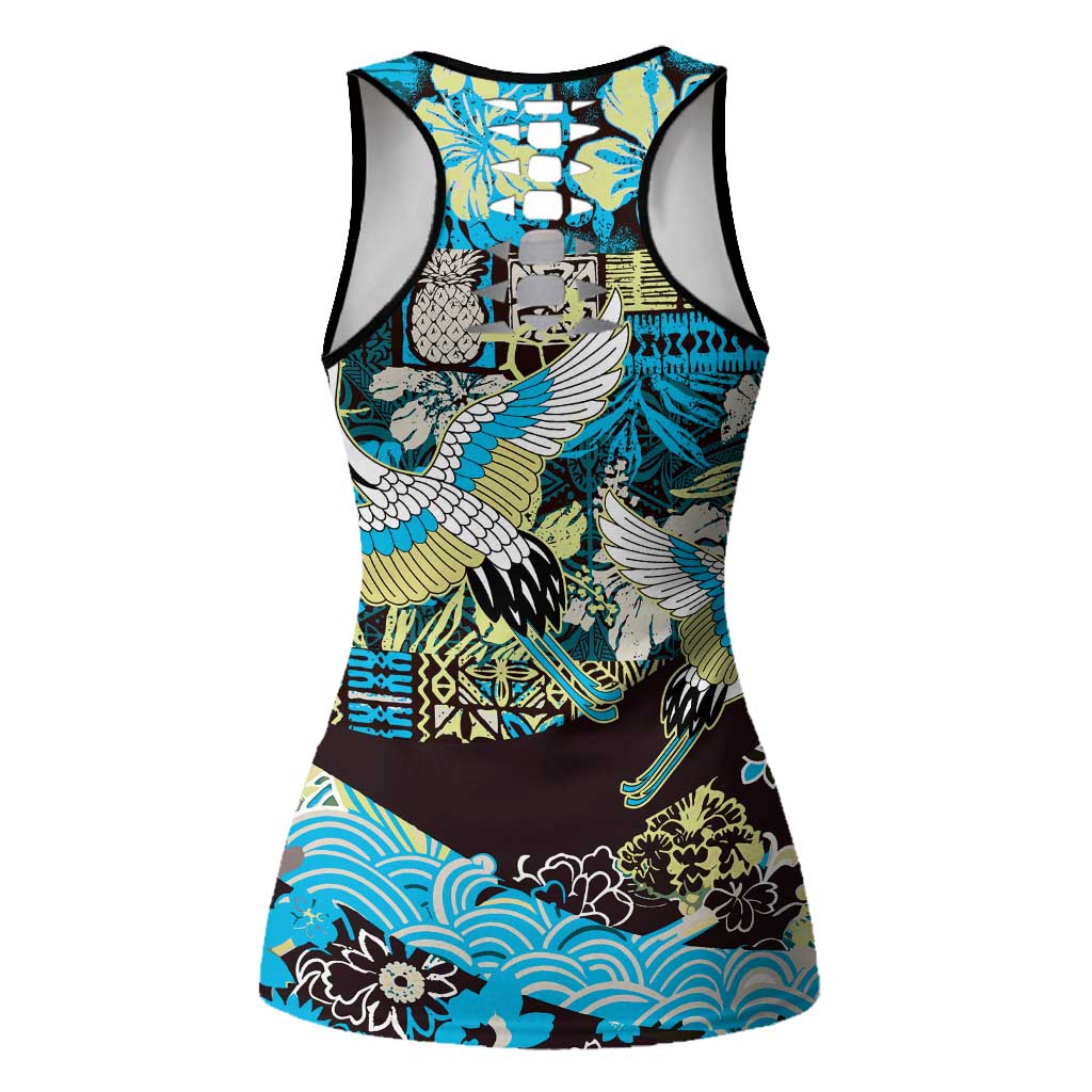 Japanese Hawaiian Crane Hollow Tank Top Blue Tapa Patchwork Pattern