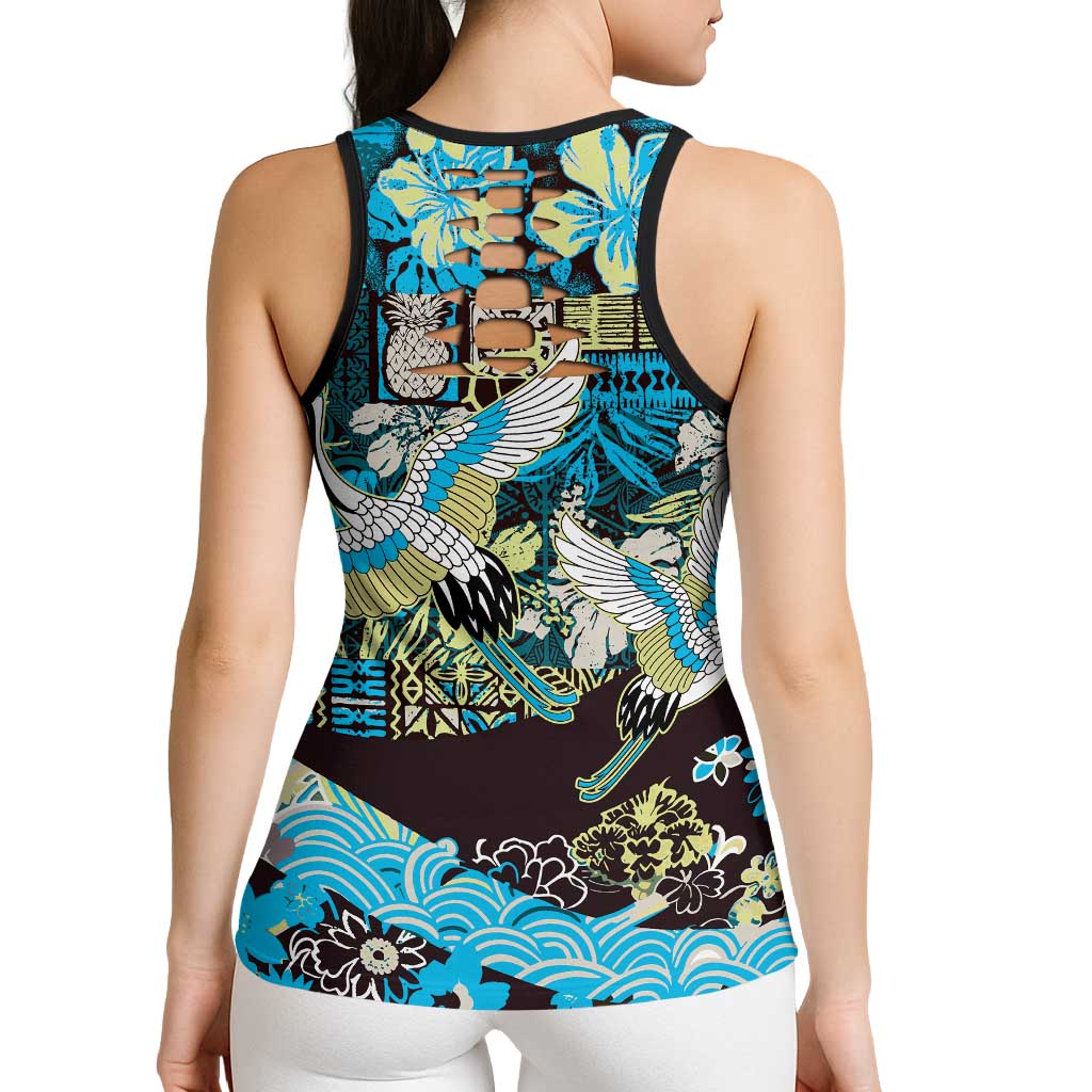 Japanese Hawaiian Crane Hollow Tank Top Blue Tapa Patchwork Pattern