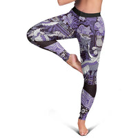 Japanese Hawaiian Crane Leggings Purple Tapa Patchwork Pattern