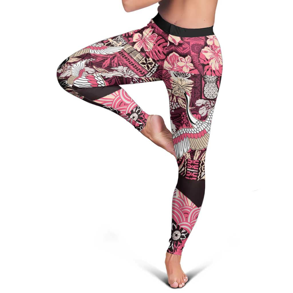 Japanese Hawaiian Crane Leggings Soft Pink Tapa Patchwork Pattern