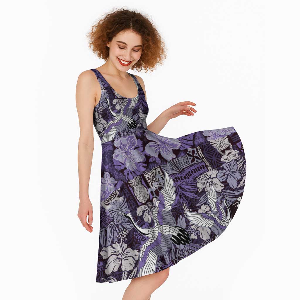 Japanese Hawaiian Crane Midi Dress Purple Tapa Patchwork Pattern