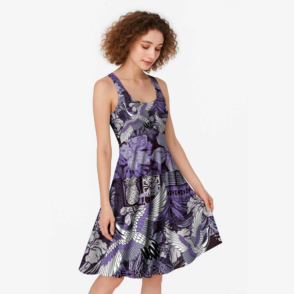 Japanese Hawaiian Crane Midi Dress Purple Tapa Patchwork Pattern