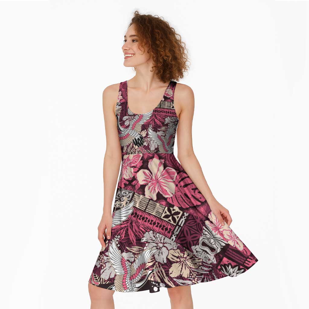Japanese Hawaiian Crane Midi Dress Soft Pink Tapa Patchwork Pattern
