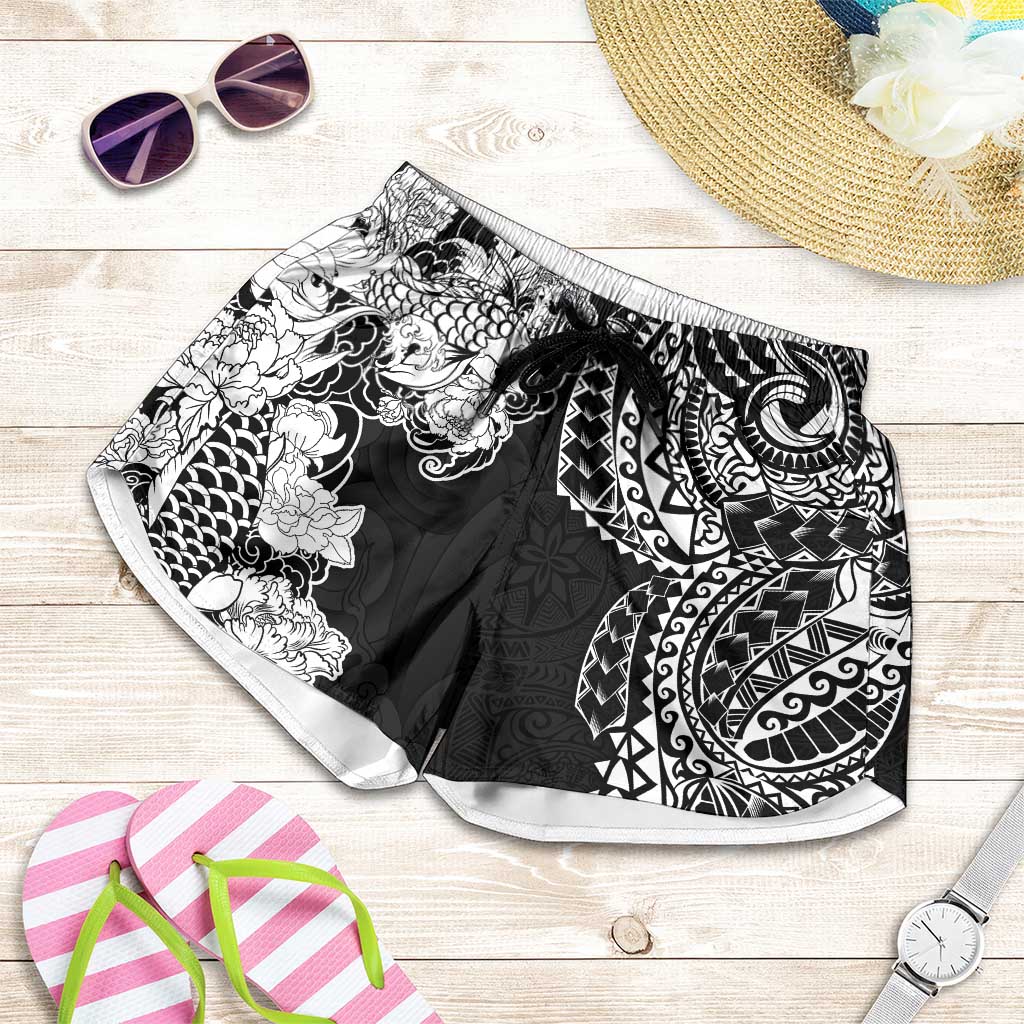 Japanese Irezumi and Hawaiian Polynesian Art Tattoo Shorts for Women Black Color LT03 Black - Polynesian Pride