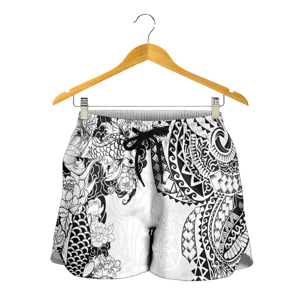 Japanese Irezumi and Hawaiian Polynesian Art Tattoo Shorts for Women White Color LT03 - Polynesian Pride