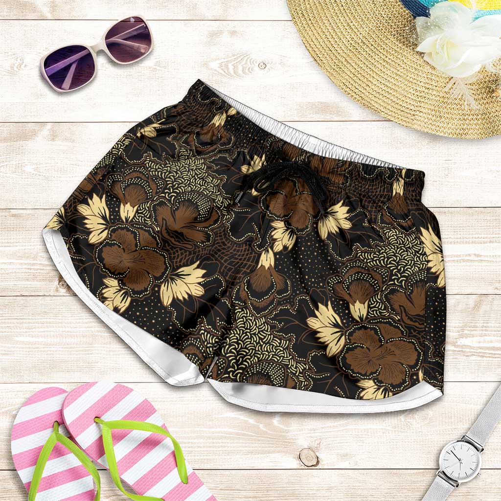 Javanese Batik Semen Shorts for Women Indonesian Traditional Pattern LT01 Black - Polynesian Pride