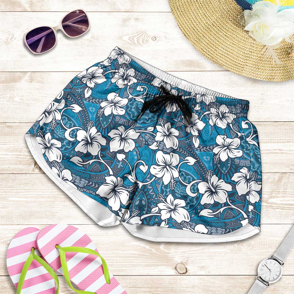 Karakarawa Bula Fiji Shorts for Women Fijian Tapa Seamless Hibiscus LT14 Blue - Polynesian Pride