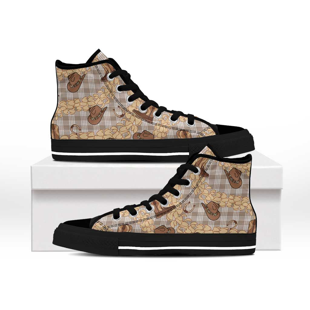 Khaki Palaka Hawaii Cowboy High Top Shoes Puakenikeni Lei Paniolo Papale Seamless Vibes LT14 - Polynesian Pride