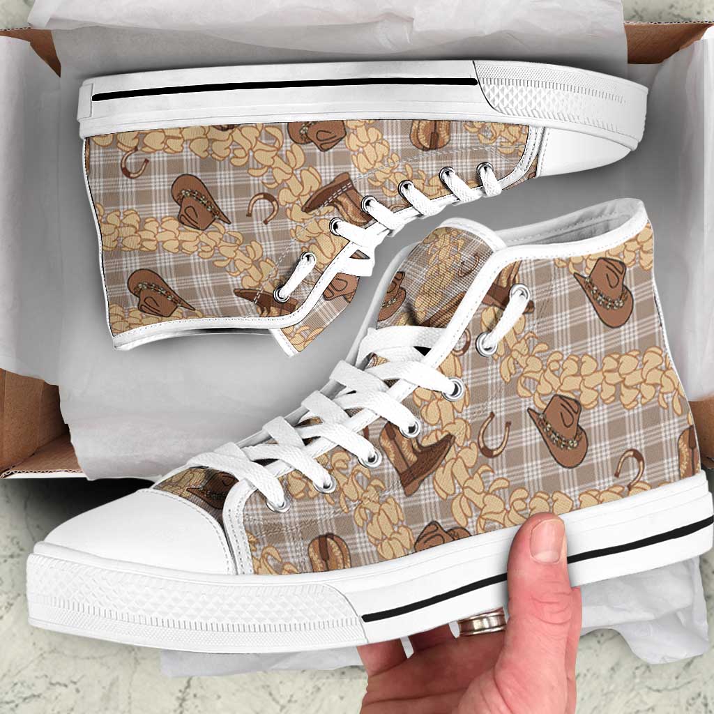 Khaki Palaka Hawaii Cowboy High Top Shoes Puakenikeni Lei Paniolo Papale Seamless Vibes LT14 Khaki - Polynesian Pride