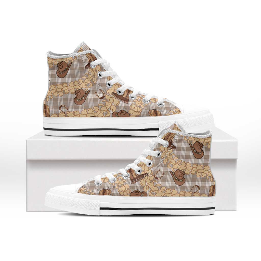 Khaki Palaka Hawaii Cowboy High Top Shoes Puakenikeni Lei Paniolo Papale Seamless Vibes LT14 - Polynesian Pride