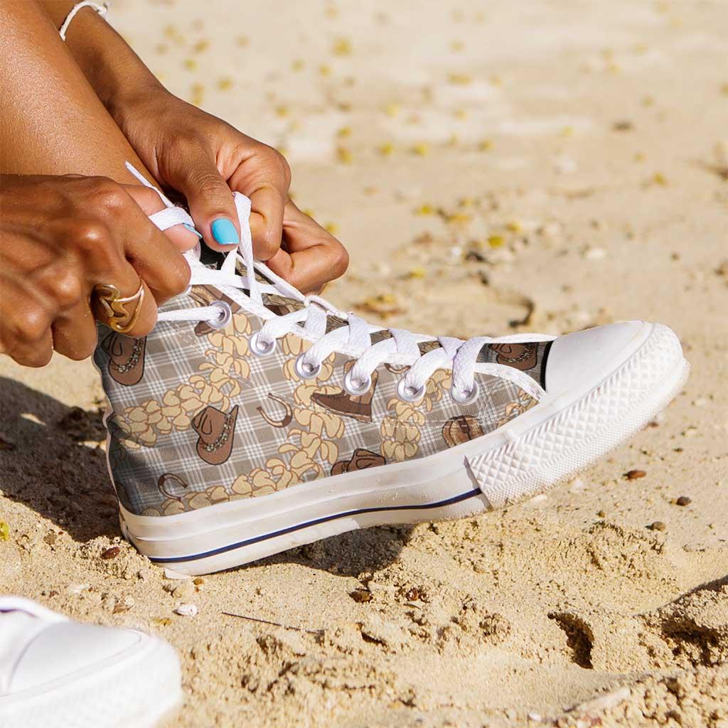 Khaki Palaka Hawaii Cowboy High Top Shoes Puakenikeni Lei Paniolo Papale Seamless Vibes LT14 - Polynesian Pride