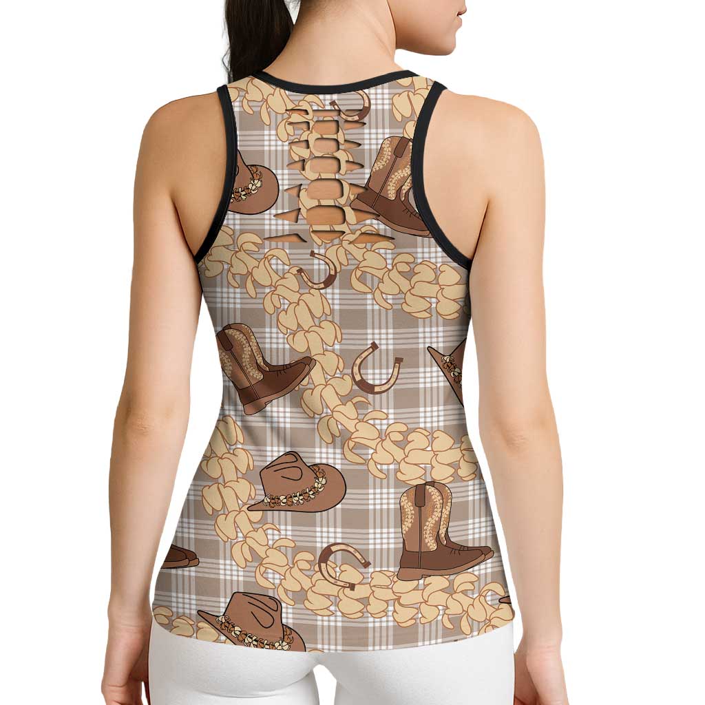 Khaki Palaka Hawaii Cowboy Hollow Tank Top Puakenikeni Lei Paniolo Papale Seamless Vibes LT14 - Polynesian Pride