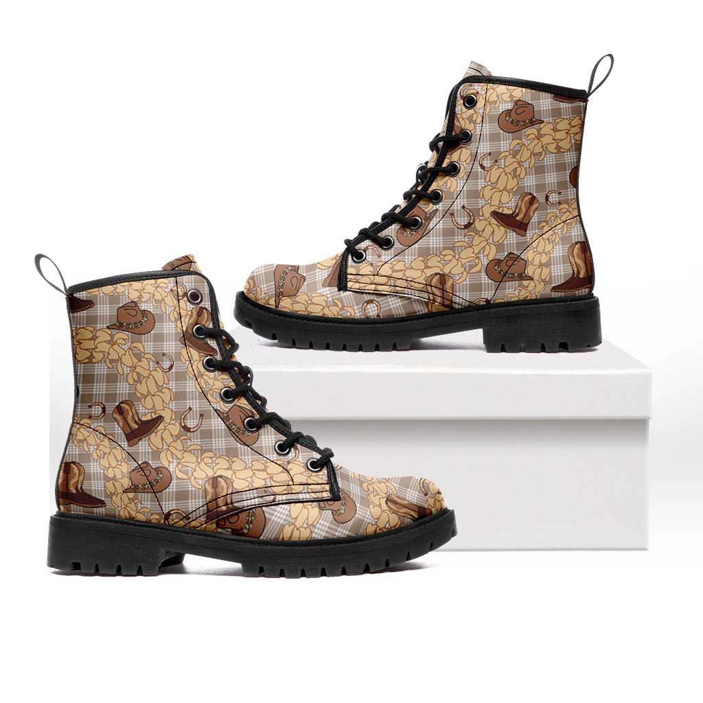 Khaki Palaka Hawaii Cowboy Leather Boots Puakenikeni Lei Paniolo Papale Seamless Vibes - Polynesian Pride