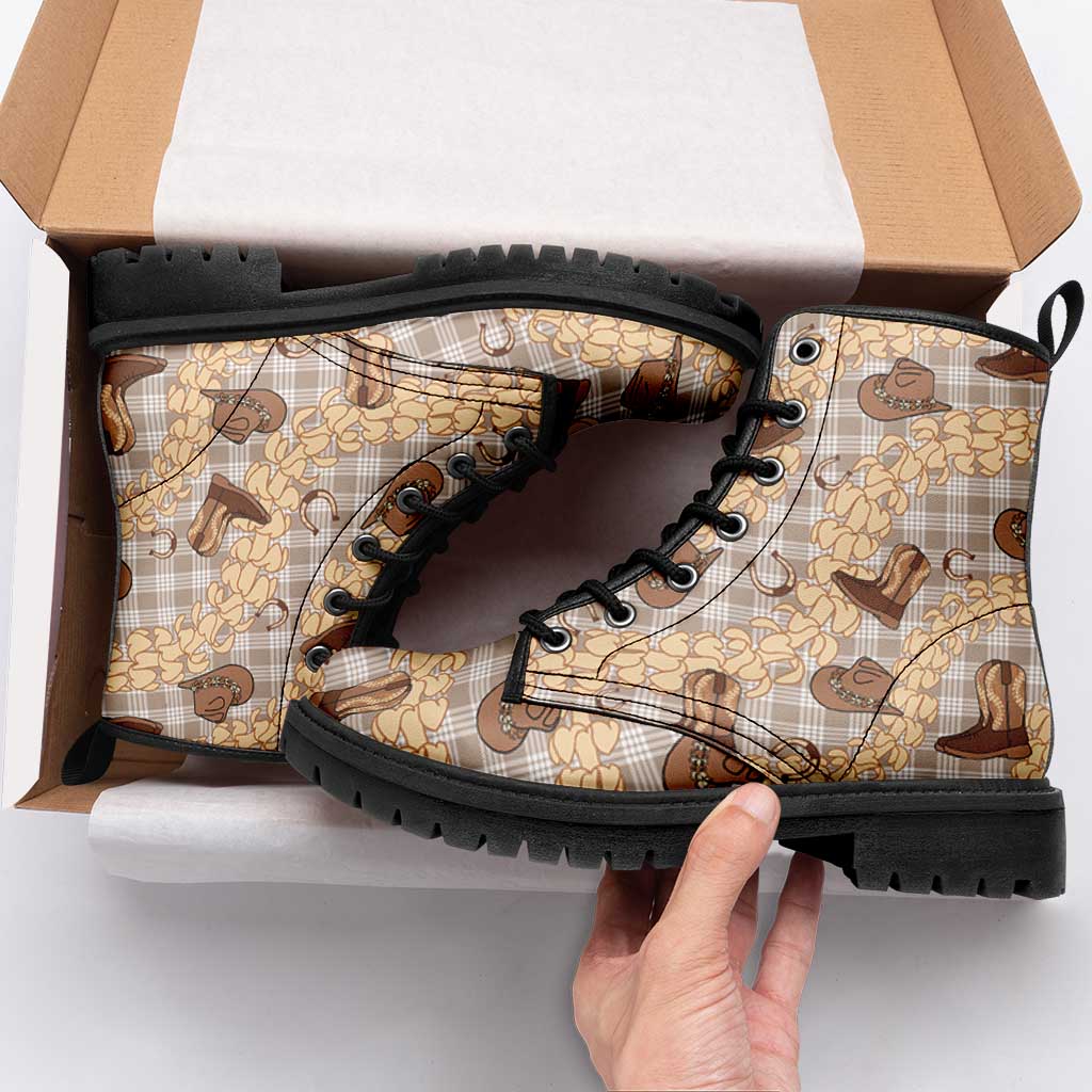 Khaki Palaka Hawaii Cowboy Leather Boots Puakenikeni Lei Paniolo Papale Seamless Vibes - Polynesian Pride
