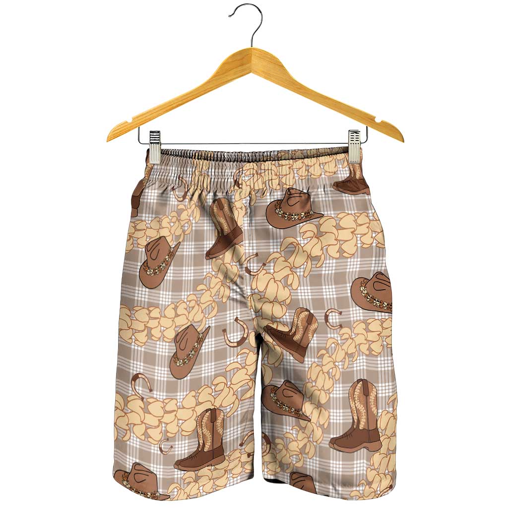 Khaki Palaka Hawaii Cowboy Shorts for Men Puakenikeni Lei Paniolo Papale Seamless Vibes LT14 - Polynesian Pride