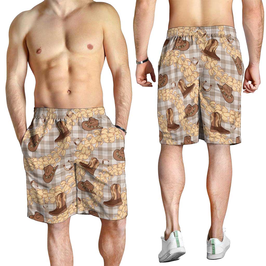 Khaki Palaka Hawaii Cowboy Shorts for Men Puakenikeni Lei Paniolo Papale Seamless Vibes LT14 - Polynesian Pride