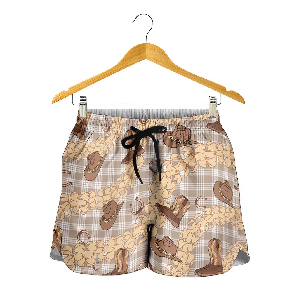 Khaki Palaka Hawaii Cowboy Shorts for Women Puakenikeni Lei Paniolo Papale Seamless Vibes LT14 - Polynesian Pride