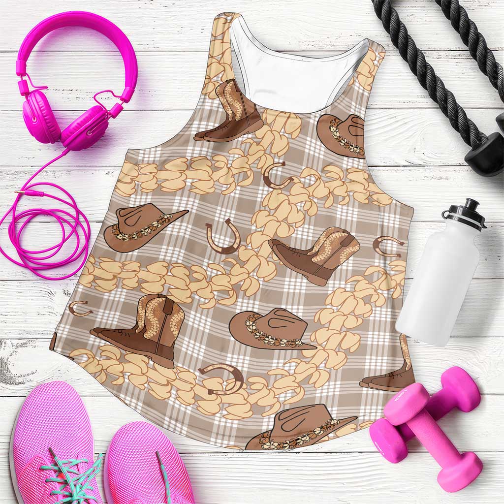Khaki Palaka Hawaii Cowboy Women Racerback Tank Puakenikeni Lei Paniolo Papale Seamless Vibes LT14 Khaki - Polynesian Pride