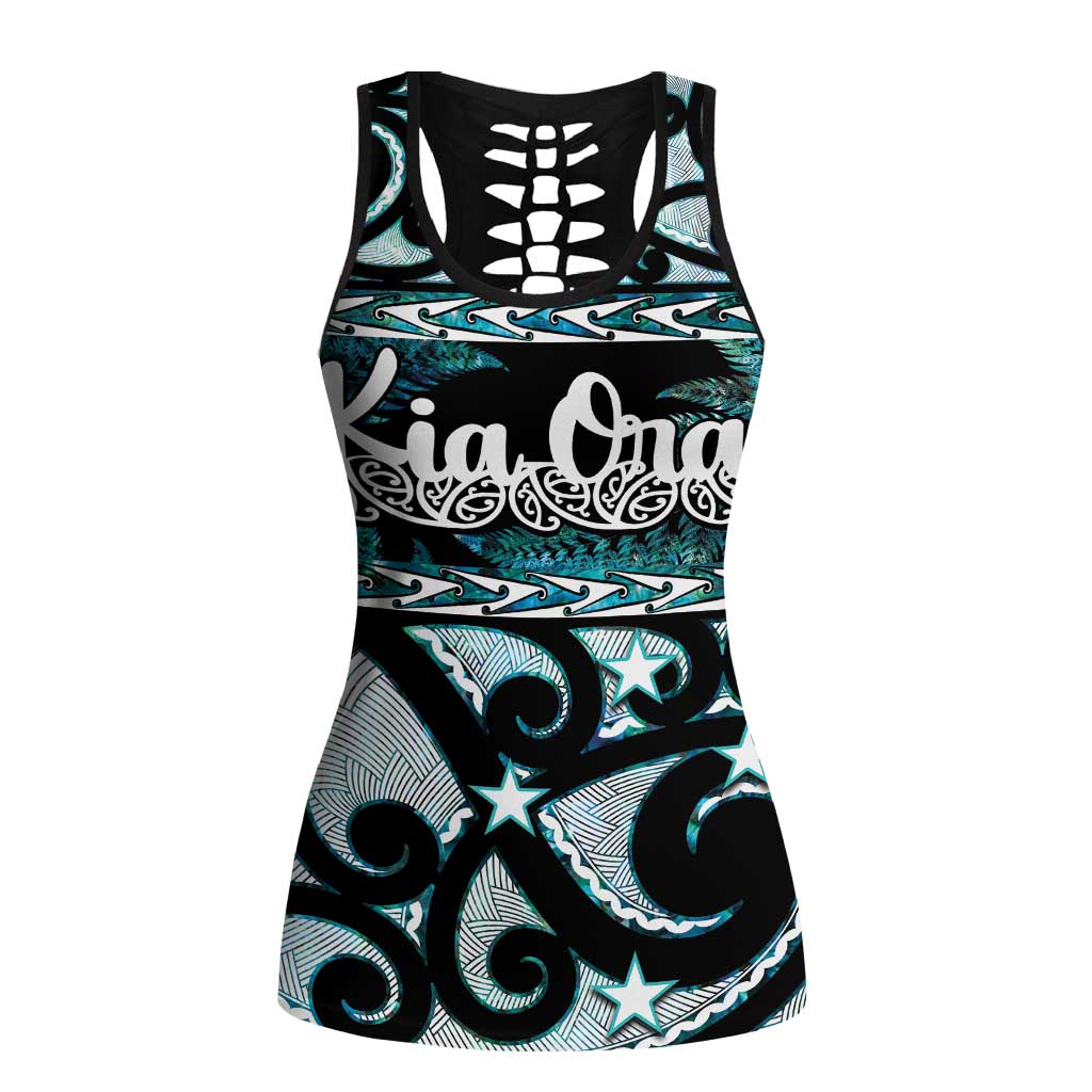Kia Ora New Zealand Hollow Tank Top Aotearoa Proud Maori Paua Shell Silver Fern LT14 Female Black - Polynesian Pride