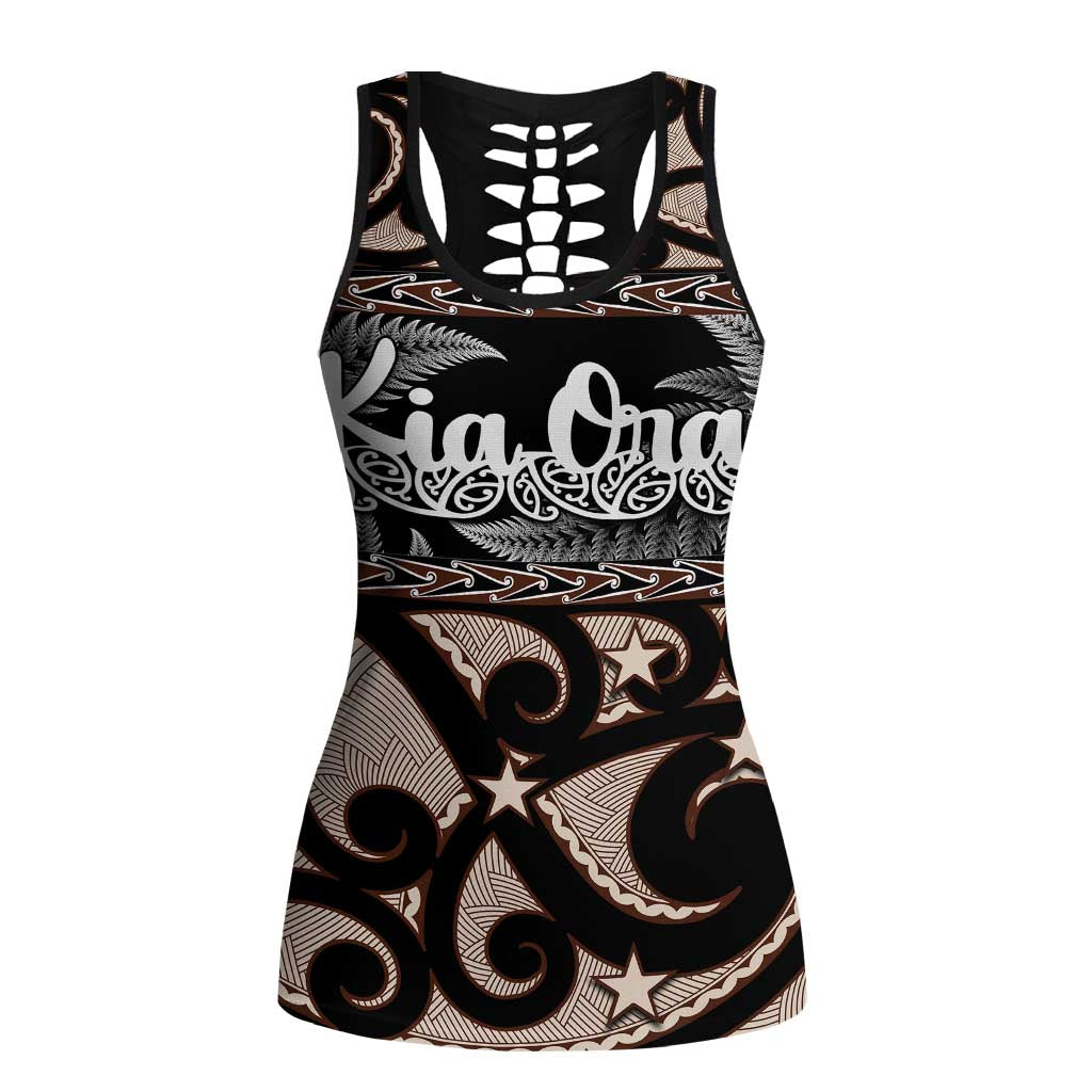 Kia Ora New Zealand Hollow Tank Top Aotearoa Proud Maori With Silver Fern LT14 Female Black - Polynesian Pride