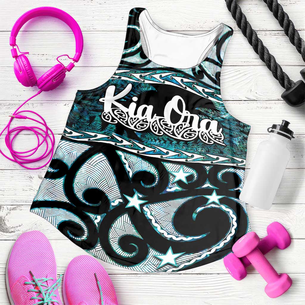 Kia Ora New Zealand Women Racerback Tank Aotearoa Proud Maori Paua Shell Silver Fern LT14 Black - Polynesian Pride