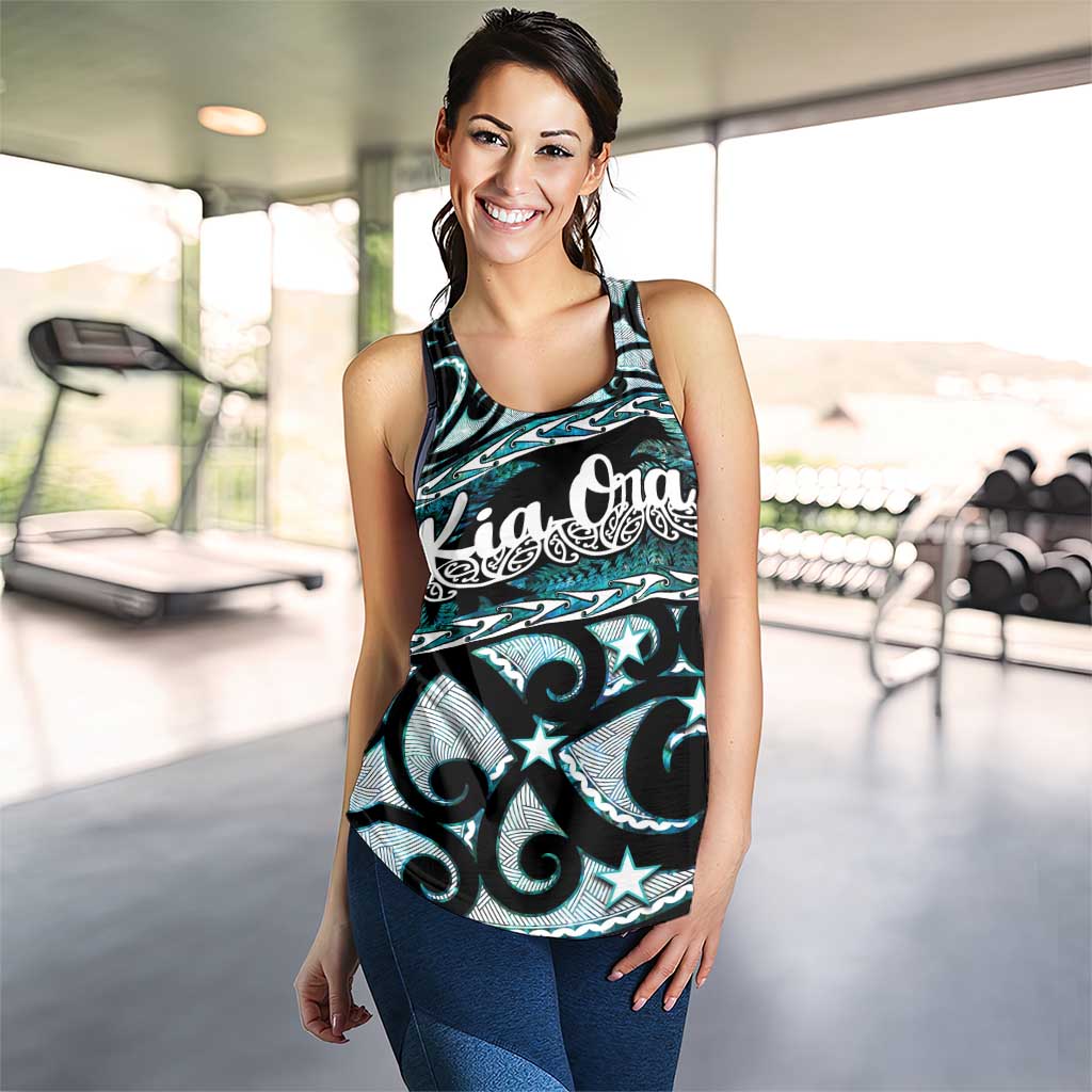 Kia Ora New Zealand Women Racerback Tank Aotearoa Proud Maori Paua Shell Silver Fern LT14 - Polynesian Pride