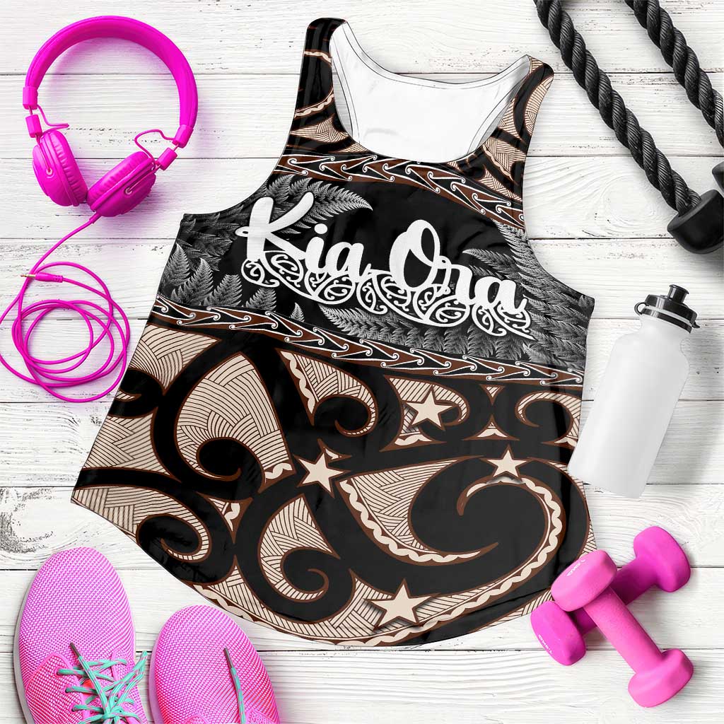 Kia Ora New Zealand Women Racerback Tank Aotearoa Proud Maori With Silver Fern LT14 Black - Polynesian Pride