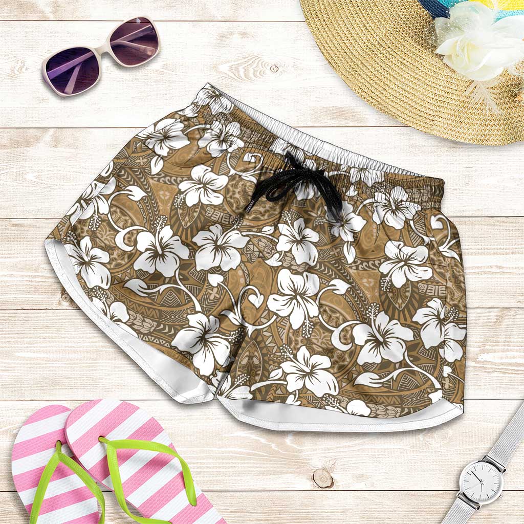 Kuvui Bula Fiji Shorts for Women Fijian Tapa Seamless Hibiscus LT14 Brown - Polynesian Pride