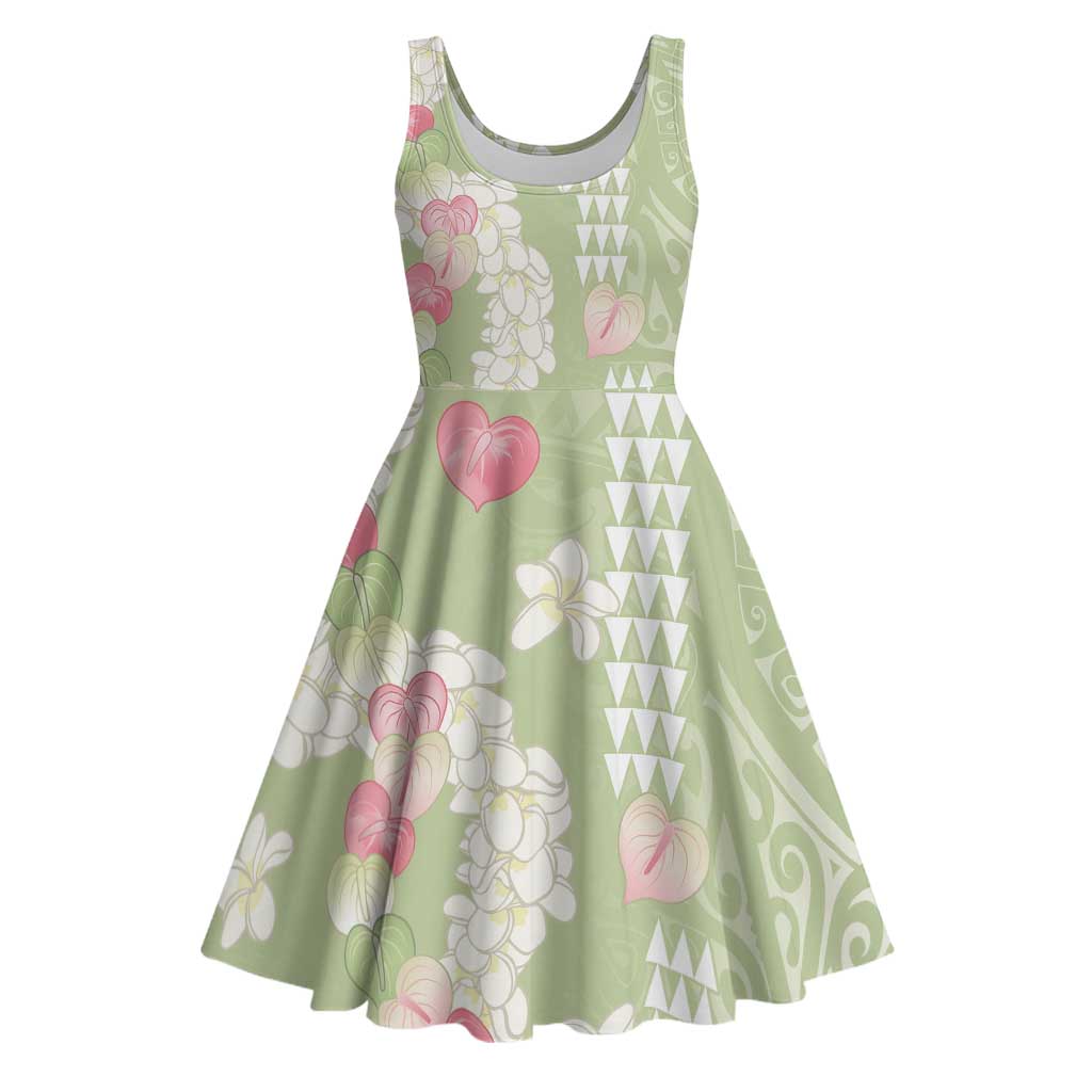 Leaf Green Hawaii Anthurium Plumeria Lei Midi Dress
