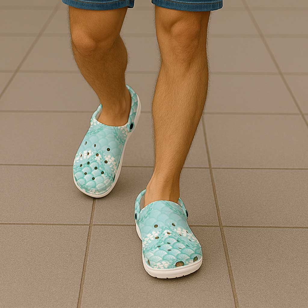 Light Turquoise Mermaid Puakenikeni Maile Lei Clogs Shoes