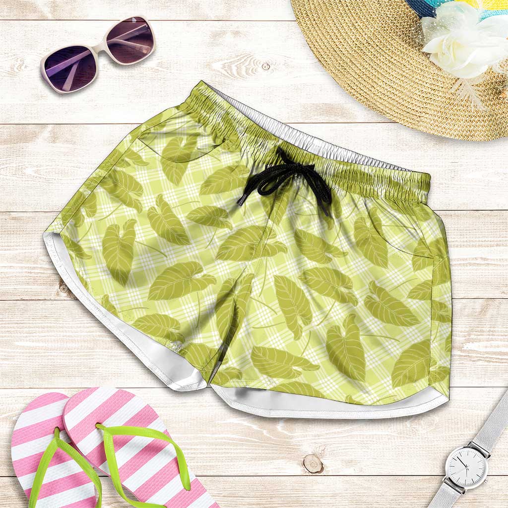 Lime Green Hawaii Kalo Palaka Motifs Shorts for Women Hawaiian Taro Leaves Elegant Vibes LT14 Lime Green - Polynesian Pride