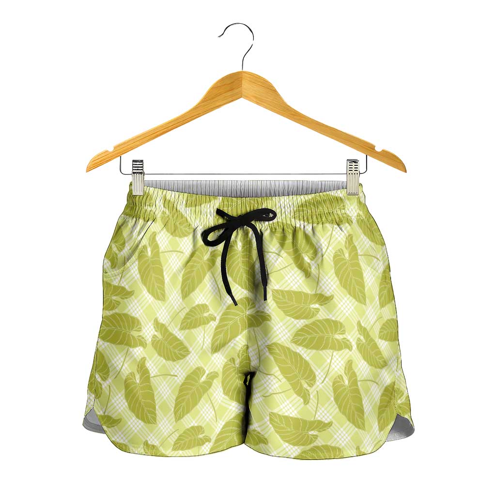 Lime Green Hawaii Kalo Palaka Motifs Shorts for Women Hawaiian Taro Leaves Elegant Vibes LT14 - Polynesian Pride